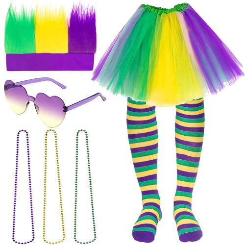 Mardi Gras Kostüm Zubehör Outfit, beinhaltet geschichteten Tüll Tutu Rock, Mardi Gras Perücken, Brille, Mardi Gras Perlen Halskette für 80er Jahre 90er Geburtstag Mardi Gras Party Mardi Gras Kostüm Zubehör Outfit, beinhaltet geschichteten Tüll Tutu Rock, Mardi Gras Perücken, Brille, Mardi Gras Perlen Halskette für 80er Jahre 90er Geburtstag Mardi Gras Party von Peirich