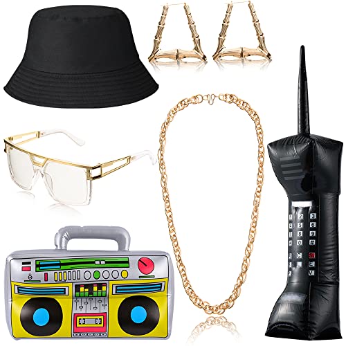 Peirich 7-Pcs Rapper Hip Hop Kostüm Kit, 80er 90er Jahre Zubehör Outfit beinhaltet Rapper Sonnenbrille Faux Gold Seil Kette Ohrringe Eimer Hut für 80er/90er Jahre Theme Party Dekorationen von Peirich