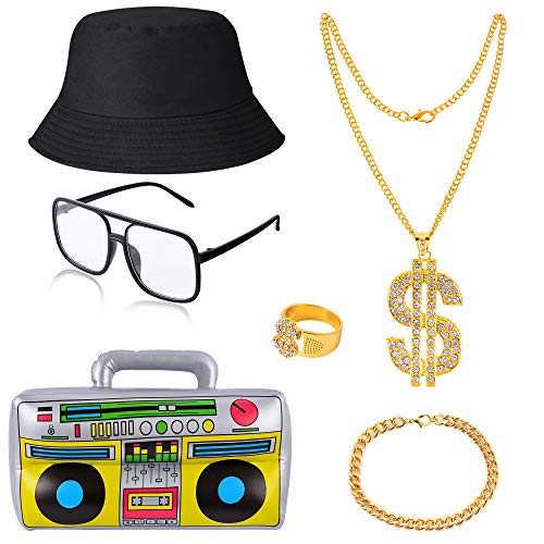 Peirich 80er 90er Jahre Hip Hop Kostüm Kit, Rapper Zubehör für Männer Frauen Erwachsene Jahre Party Thema Dekor beinhaltet Eimer Hut, Halskette, aufblasbare Boom Box von Peirich