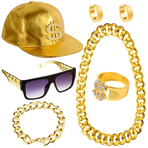 Peirich 80er Jahre 90er Jahre Kostüme Outfit für Männer Frauen, Hip Hop Kostüm Kit Metall Kette Flat Top Sonnenbrille Rapper Große Kette Halskette und Armband Hip Hop Gold Cap Peirich 80er Jahre 90er Jahre Kostüme Outfit für Männer Frauen, Hip Hop Kostüm Kit Metall Kette Flat Top Sonnenbrille Rapper Große Kette Halskette und Armband Hip Hop Gold Cap von Peirich