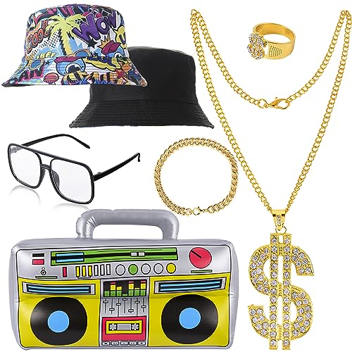Peirich Hip Hop Kostüm Kit, 12-Pack 80er/90er Jahre Outfit Rapper Zubehör beinhaltet Sonnenbrille Dollar Zeichen gefälschte Kette Ring Hoop Ohrring Eimer Hut für Sommer Frauen Männer von Peirich
