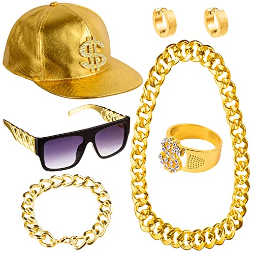 Peirich Hip Hop-Kostüm-Set, inklusive Sonnenbrille, Hip Hop und Gold, Dollarzeichen, Halskette, Armband, Ring, Zubehör für Rap-Konzerte von Peirich