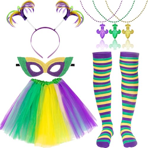 Peirich Mardi Gras Kostüm Zubehör Set für Frauen, beinhaltet geschichteten Tüll Tutu Rock, Pferdeschwanz Stirnband, Maske, Mardi Gras Perlen Halskette für 80er Jahre 90er Geburtstag Mardi Gras Party Peirich Mardi Gras Kostüm Zubehör Set für Frauen, beinhaltet geschichteten Tüll Tutu Rock, Pferdeschwanz Stirnband, Maske, Mardi Gras Perlen Halskette für 80er Jahre 90er Geburtstag Mardi Gras Party von Peirich