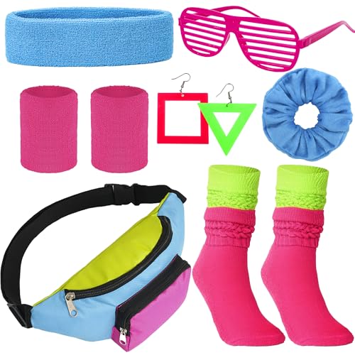 Peirich Neon 80er Jahre Kostüm-Set, Yoga-Kopfband, Gamaschen, Armbänder und Banane 80er-90er Jahre, für Damen von Peirich