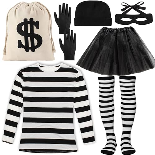 Peirich Räuber Kostüm Set, Schwarz & Weiß Gestreift T-Shirt Socken Tutu Rock Leinwand Dollar Zeichen Geld Taschen Knit Beanie Cap Einbrecher Augenmaske für Cosplay Einbrecher Mottoparty Peirich Räuber Kostüm Set, Schwarz & Weiß Gestreift T-Shirt Socken Tutu Rock Leinwand Dollar Zeichen Geld Taschen Knit Beanie Cap Einbrecher Augenmaske für Cosplay Einbrecher Mottoparty von Peirich
