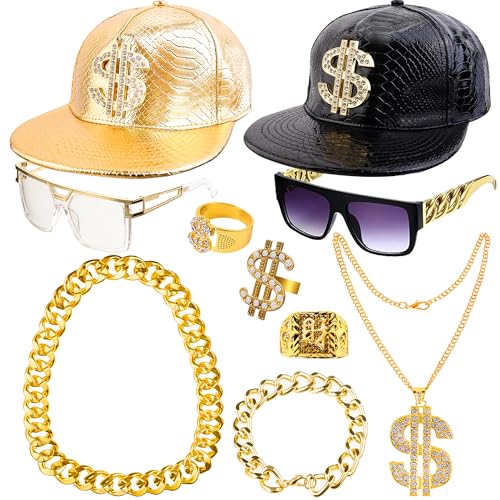 Peirich Rapper-Zubehör der 80er/90er Jahre für Rap-Konzerte, Hip Hop-Kostüm-Set, inklusive Sonnenbrille, Hip-Hop-Hut und Gold Dollarzeichen Halskette Armband Ring Peirich Rapper-Zubehör der 80er/90er Jahre für Rap-Konzerte, Hip Hop-Kostüm-Set, inklusive Sonnenbrille, Hip-Hop-Hut und Gold Dollarzeichen Halskette Armband Ring von Peirich