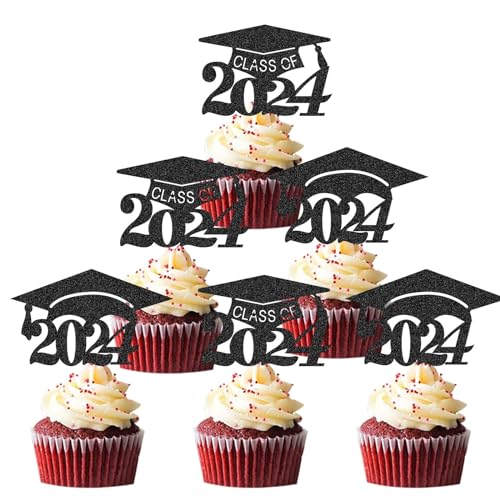 Cupcake-Topper 2024 Abschlussfeier – Kuchendekorationen Klasse 2024 Congrats Grade 2024 Cap Cupcake Picks für Abschlussfeier 2024, Schwarz, 24 Stück von Pejlnd