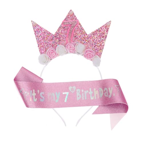 Dekoration zum 7. Geburtstag für Mädchen, Schärpe und Diadem zum 7. Geburtstag, Rosa, Geschenk für Mädchen, Prinzessinnenkrone, Haarband und Glitzer-Schärpe für kleine Mädchen, Partyzubehör Dekoration zum 7. Geburtstag für Mädchen, Schärpe und Diadem zum 7. Geburtstag, Rosa, Geschenk für Mädchen, Prinzessinnenkrone, Haarband und Glitzer-Schärpe für kleine Mädchen, Partyzubehör von Pejlnd