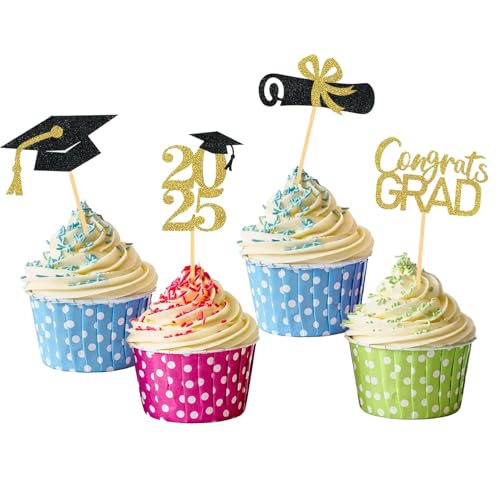 Glitzer Schwarz Gold 2025 Graduation Cupcake Toppers,24 Stück Graduation Deko Abschlussfeier Cupcake Toppers,Bachelor Hut 2025 Grad Cap Abschluss Deko für Graduation Abschlussparty Dekoration von Pejlnd
