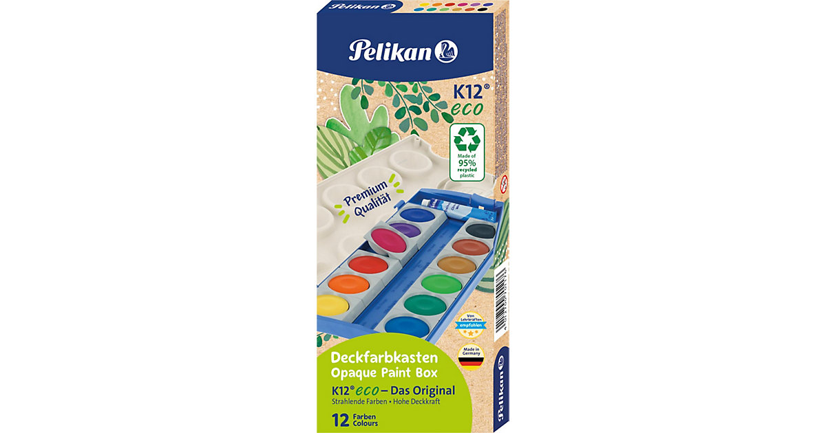 Deckfarbkasten K12 eco, 12 Farben, inkl. Deckweiß blau/weiß von Pelikan
