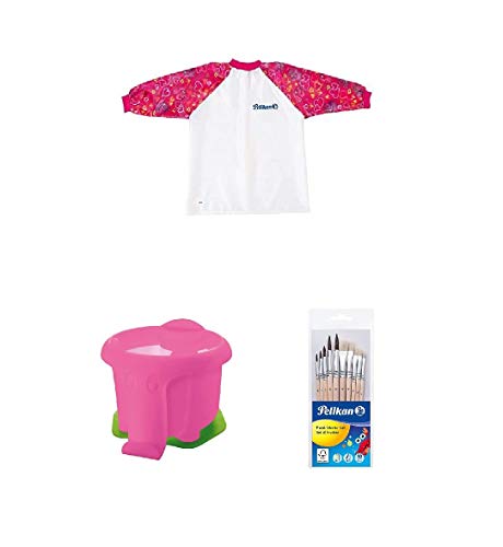 Pelikan 105353 - Malschürze Girl für Circa 6-9 Jahren mit Klettverschluss, rot + Wasserbox Elefant pink, Wasserbecher + Pinsel Starter-Set mit 5 Haar- und 5 Borstenpinseln von Pelikan