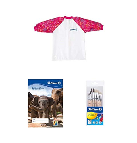 Pelikan 105353 - Malschürze Girl für Circa 6-9 Jahren mit Klettverschluss, rot + Zeichenblock C4/10, A4, 10 Blatt + Pinsel Starter-Set mit 5 Haar- und 5 Borstenpinseln von Pelikan