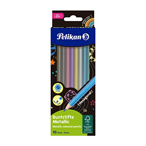 Pelikan Buntstifte Metallic, 10 Farben, sechseckige Malstifte aus Holz, bruchsichere Mine, 701235 von Pelikan