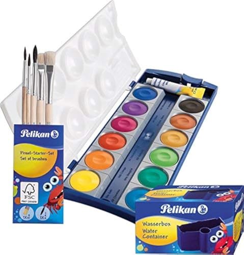 Pelikan Set DIN 5023 Deckfarbkasten 12 Farben + 1 Tube Deckweiß, Schul-Standard (mit Becher + Pinsel), Blau K12 Set von Pelikan