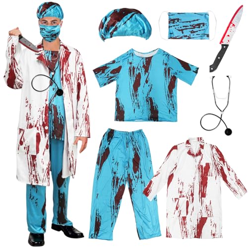Halloween Kostüm Arzt Herren, 7 Stück Halloween Arzt Kostüm, Horror Arzts Kostüm, Zombie Arztkostüm Herren mit Arztkittel, Doktorhut, Arztmaske, Oberteil, Hose, Stethoskop für Karneval Themen Party von Pellinch