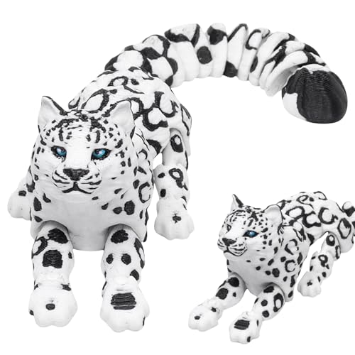 Pellinch 3D Gedruckte Schneeleopard Figur, Gelenkige Schneeleopard Tischanzeige, Sensorisches Zappeltier, Realistische Leopardenskulptur, Flexible Schneeleopards Fidget Toys für Desktop Dekoration von Pellinch