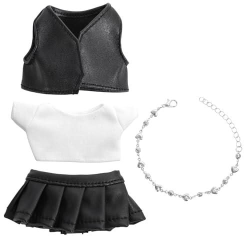 4-Teiliges Rock-Outfit-Set für Puppen, Mini Puppenkleidungs-Set mit T-Shirt Schwarzer Lederjacke Minirock und Halskette Coole Puppenmode-Accessoires für Sammler & Fans von Penitue