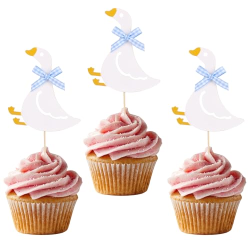 Penitue 12 Stück Alberne Gänse Cupcake Topper, Süße Weiße Gänse Geburtstagskuchen Dekorationen mit Schleife Lustige Party Dekorationen für Kindergeburtstagspartys und Babypartys (Blau) von Penitue