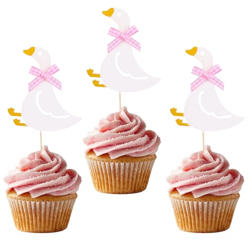 Penitue 12 Stück Alberne Gänse Cupcake Topper, Süße Weiße Gänse Geburtstagskuchen Dekorationen mit Schleife Lustige Party Dekorationen für Kindergeburtstagspartys und Babypartys (Pink) von Penitue