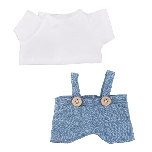 Plüschpuppen Kleidung, Süße 17cm Puppen Outfit T-Shirt und Overalls Set Modisches Blau Weißes Kostümzubehör Ideal zum Anziehen von Plüschtieren Präsentieren Sammeln von Penitue