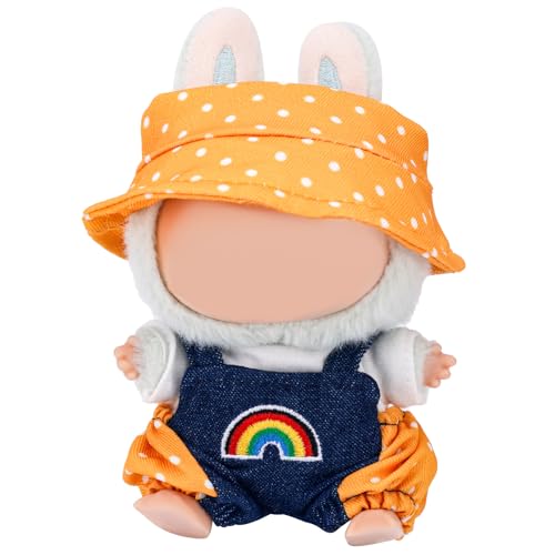 Puppenkleidung Set, Süß 17cm Puppenkostüme Einschließlich Regenbogen-Latzhose Weißes T-Shirt & Gepunkteter Fischerhut Mode Outfit Zubehör (Gelb) von Penitue