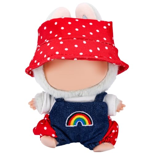 Puppenkleidung Set, Süß 17cm Puppenkostüme Einschließlich Regenbogen-Latzhose Weißes T-Shirt & Gepunkteter Fischerhut Mode Outfit Zubehör (Rot) von Penitue