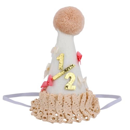 Schleifen-Halbjahres-Geburtstagshut, Boho 1/2 Geburtstagskegel-Krone mit Bommel & Spitze Bequem Halbzeit-zum-Eins-Partyhut für 6 Monate alte Babymädchen Jungen Dekoration Cake Smash Schleifen-Halbjahres-Geburtstagshut, Boho 1/2 Geburtstagskegel-Krone mit Bommel & Spitze Bequem Halbzeit-zum-Eins-Partyhut für 6 Monate alte Babymädchen Jungen Dekoration Cake Smash von Penitue