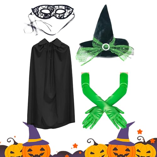 Penlimly Hexenkostüm-Set – Hexenhut grüne Handschuhe für Urlaub – Cosplay-Veranstaltung Erwachsene verkleiden sich mit Horror-Augenmaske für Ehefrau, Schwestern, Freundin, Mutter, Freunde, Familie von Penlimly