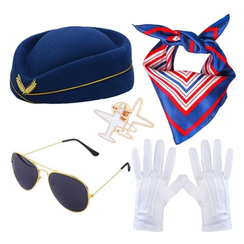 Stewardess Kostüm Zubehör Damen, 5 Stück Flugbegleiterin Kostümzubehör mit Flugbegleitermütze Schals Brosche Sonnenbrille Handschuhe für Frauen Mädchen Halloween Kostüme Cosplay Karneval Kostüm Stewardess Kostüm Zubehör Damen, 5 Stück Flugbegleiterin Kostümzubehör mit Flugbegleitermütze Schals Brosche Sonnenbrille Handschuhe für Frauen Mädchen Halloween Kostüme Cosplay Karneval Kostüm von Penlimly