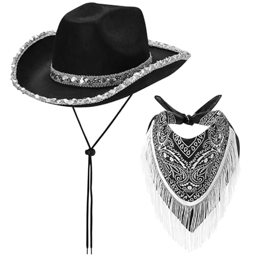 Cowboyhut und Bandana 2pcs/Set Black Cowboyhut und Neckscarf mit Fringe Glitter Cowboy Hat Bandana Cowboy Accessoires für Cosplay -Kostüm -Kostümparty, Cowboyhut Frauen von Peosaard