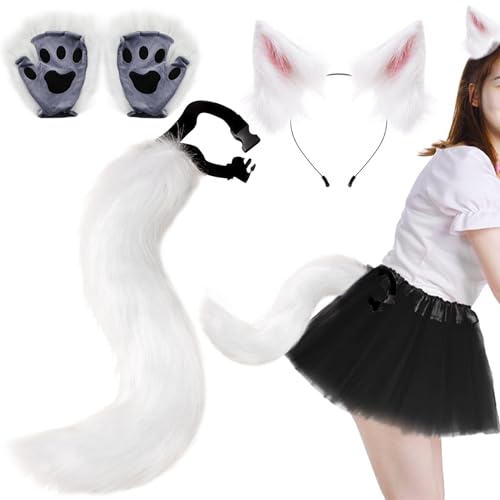 Fuchsohren, Fuchsohren und Schwanz Therian Pfoten, 3 Pack Fellfell Therian Ausrüstung, Flauschige lustige Kostüm Erwachsene Frauen für Rollenspiele, Pfoten, Weiß von Peosaard