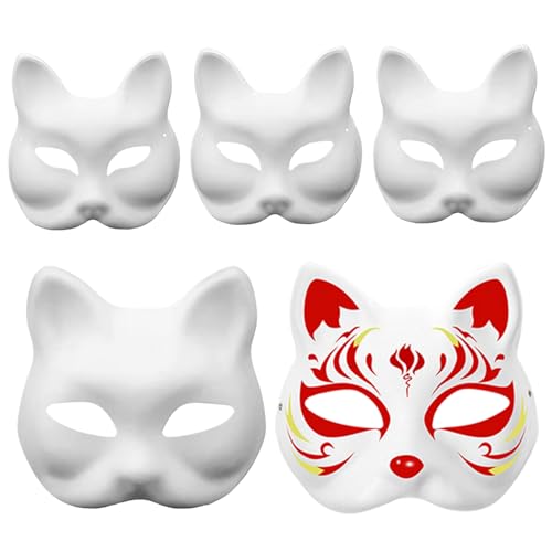 Peosaard 5pcs Therian Masken, diy handgemalte Fuchsmaske, weiße Papierkatze Masken, lustige Tiermasken für Cosplay -Party, Maskerade 7.1x6.7 von Peosaard