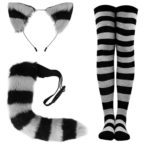 Peosaard Gestreifte Katzenfuchs Wolf Ohren und Schwanz -Set Cosplay Kostüm Kunstfell Haarclip -Kopfschmuck Strümpfe für Frauen Mädchen (Grau) von Peosaard