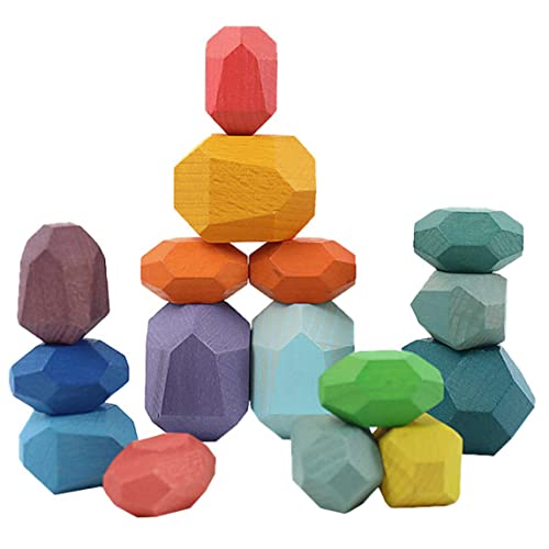 Peosaard Holzzeugspielzeug -Stapelblöcke Set Building Balancing Stapel Rock Game Bildungsspielzeug für Babykinder (farbenfrohe 16pcs), Stapel Stones Sets von Peosaard