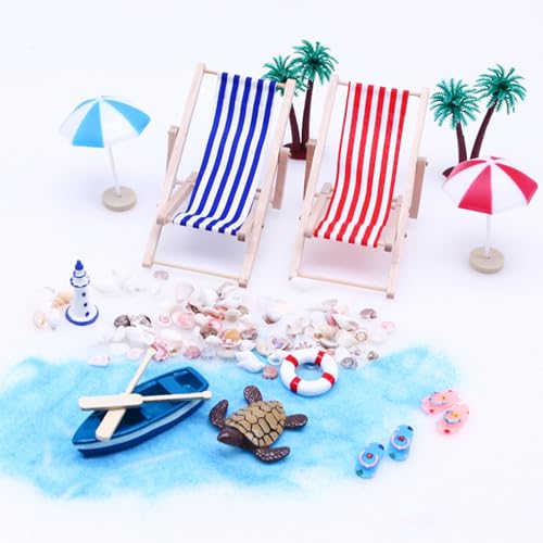 Peosaard Mini -Strandstuhl, 1:12 Plastik Mini Dollhouse Accessoires umfasst Mini Beach Stuhl, Regenschirm, Palmen- und Strandlandschaft, DIY Dollhouse Miniaturzubehör von Peosaard