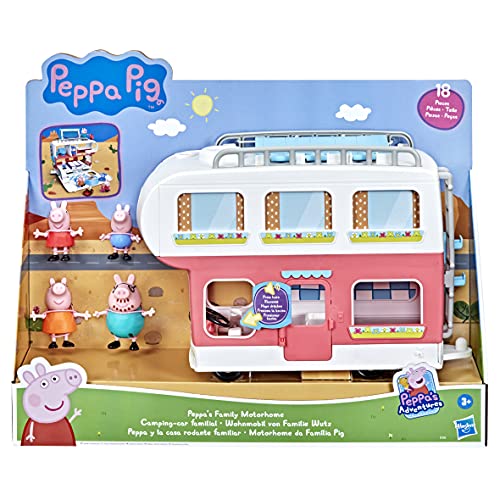 Peppa Pig Peppa’s Adventures Wohnmobil von Familie Wutz Vorschulspielzeug, umbaubares Fahrzeug, spielt Geräusche und Musik, ab 3 Jahren , Enthält Spielset, 4 Figuren und 13 Accessoires, geeignet von Peppa Pig