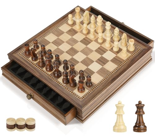 Peradix Schach Dame Spiel 2 in 1 Magnetisch Schachspiel aus Walnußholz Holz, 32x32 cm Schachbrett mit Aufbewahrungsschublade und 2 Queen-Stücke, Spielzeug und Geschenk für Kinder von Peradix
