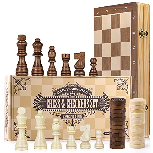 Peradix 2 in 1 Schach und Dame Spiel aus Holz - 38x38CM Klappbar Schachbrett Magnetisch Handgefertigt Schach mit groß Schachfiguren Spielzeug und Geschenk für Kinder von Peradix