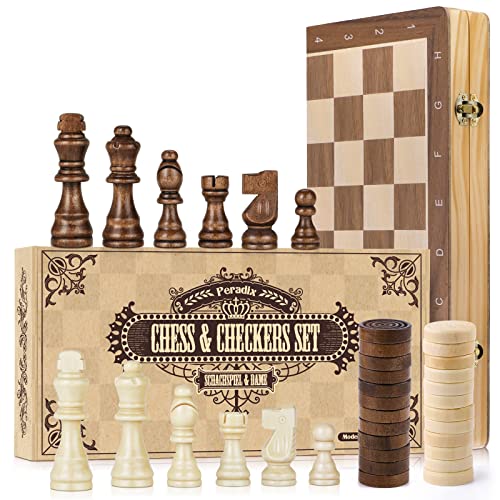 Peradix 2 in 1 Schach und Dame Spiel aus Holz - 38x38CM Klappbar Schachbrett Magnetisch Handgefertigt Schach mit groß Schachfiguren Spielzeug und Geschenk für Kinder von Peradix