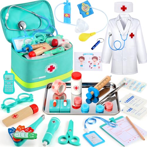 Perbabe Arztkoffer Kinder ab 3 Jahre - 39-teiliges Holzspielzeug Doktorkoffer Mit Echtem Stethoskop Role Play Arztkittel Spielzeug 3 Jahre mit Thermometer Tragbarem Beutel Geschenk für ab 3 4 5 6 von Perbabe
