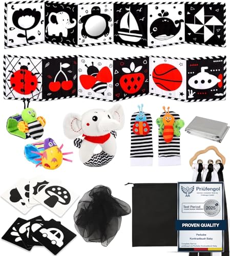 Perbabe Kontrastbuch Baby, 31 PCS Schwarz Weiß Spielzeug Baby 0 3 6 12 Monate Neugeborenen Spielzeug, Schwarz Rot Baby Stoffbuch mit Spiegeln, Kontrastkarten Baby, Baby Geschenk von Perbabe