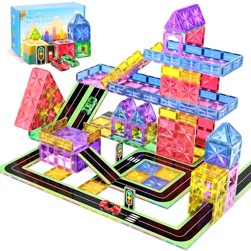 Perbabe Magnetische Bausteine, 72 Teile Magnete Kinder Stärker Magnetbausteine, Magnetische Fliesen Stadtstraßen-Set mit 2 Autos Magnetspiel ab 3 4 5 6 7 8 Jahre Vorschule Lernen von Perbabe