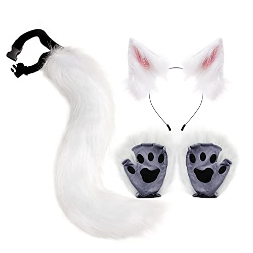 Perfeclan Langes Katzenkostüm Tier, Handschuhe Kopfbedeckung Stirnband Zubehör Requisiten Plüschtiere für Cosplay Kinder Erwachsene, Weiß Perfeclan Langes Katzenkostüm Tier, Handschuhe Kopfbedeckung Stirnband Zubehör Requisiten Plüschtiere für Cosplay Kinder Erwachsene, Weiß von Perfeclan