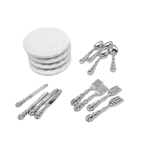 Perfeclan 1/12 Miniatur Puppenhaus Porzellanteller mit Besteck Küchenzubehör für Jungen Mädchen, Silber von Perfeclan