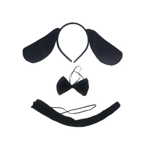 Perfeclan 3-teiliges Hundeohren-Stirnband, Fliege, Hundeschwanz, Party-Dekoration, Zubehör, Kostüm-Set, Zubehör für Kostümpartys für Kinder und Erwachsene, Schwarz von Perfeclan