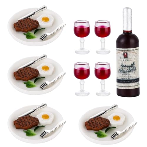 Perfeclan 33x Miniatur-Essen Getränkemodell Weingläser Steak Eier Gemüseteller Messer Gabeln für Esszimmer Wohnzimmer Dekor von Perfeclan