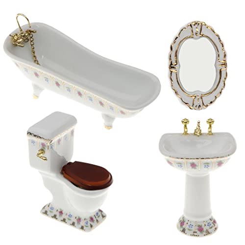 Perfeclan 4 Teiliges 1:12 Miniatur Puppenhaus Badezimmer Set, WC Waschbecken Spiegel, ACCS#2 von Perfeclan