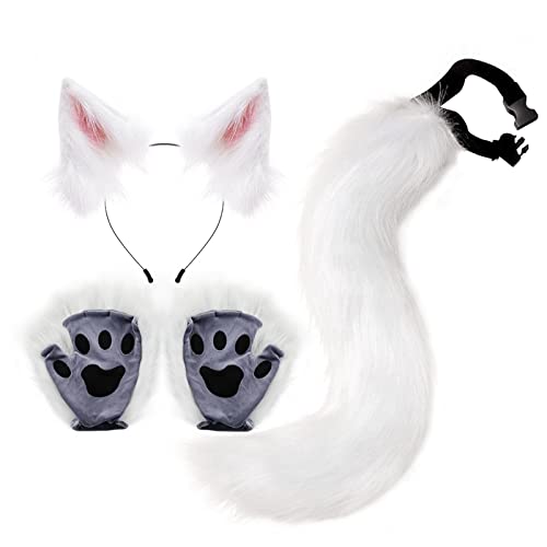 Perfeclan 4X Plüsch Und Set Lolita Cosplay Kunstplüsch Wolf Haarspange Zum Verkleiden, weiß und rosa von Perfeclan
