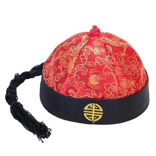 Perfeclan Chinesischer orientalischer Hut mit Pferdeschwanz, traditionelle Qing-Party-Kostümkappe, chinesischer Kaiserhut für Kostümpartys, Rot Schwarz 56cm von Perfeclan