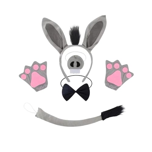 Perfeclan Esel-Kostüm-Set, Party-Zubehör, süße Ohren, Stirnband, Nase und Schwanz für Halloween, mit Handschuhen von Perfeclan